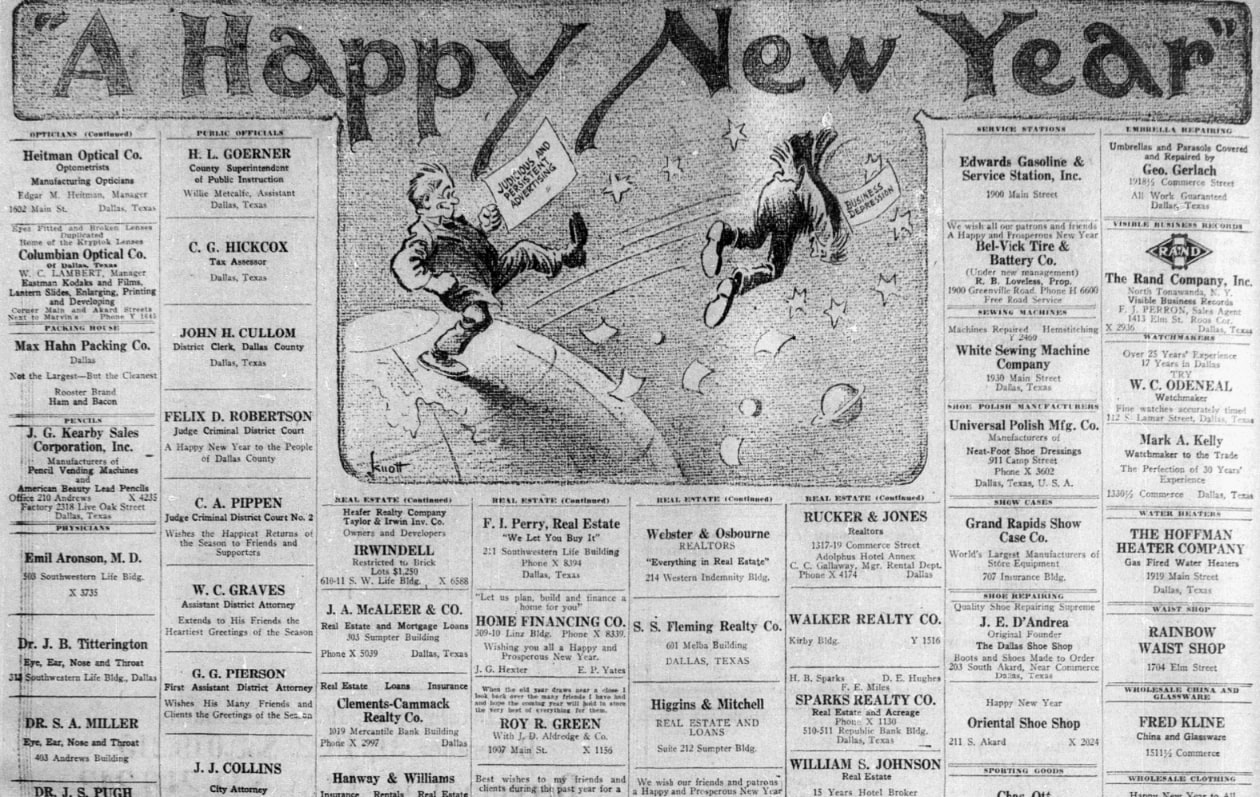 New Year's ads, Dallas Morning News newspaper 1 January 1924