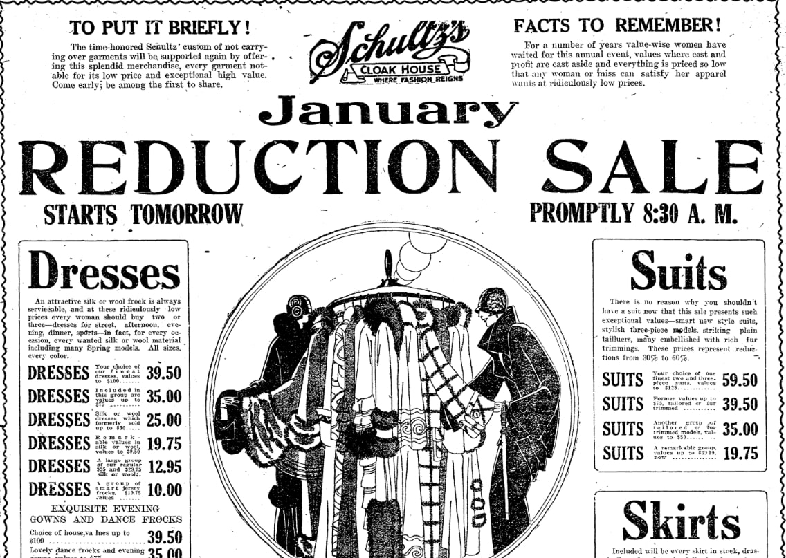 Store's New Year's ad, Evansville Press newspaper 1 January 1924