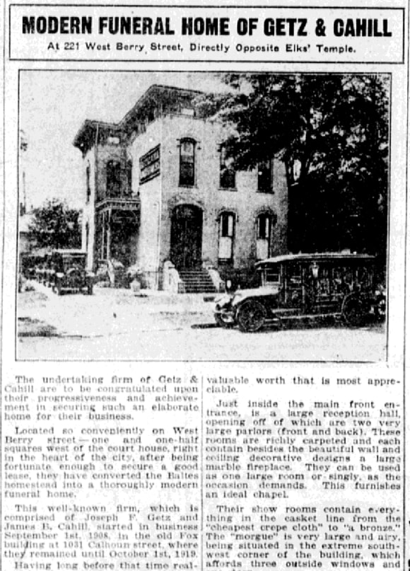 An article about a funeral home, Fort Wayne News Sentinel newspaper 26 June 1920