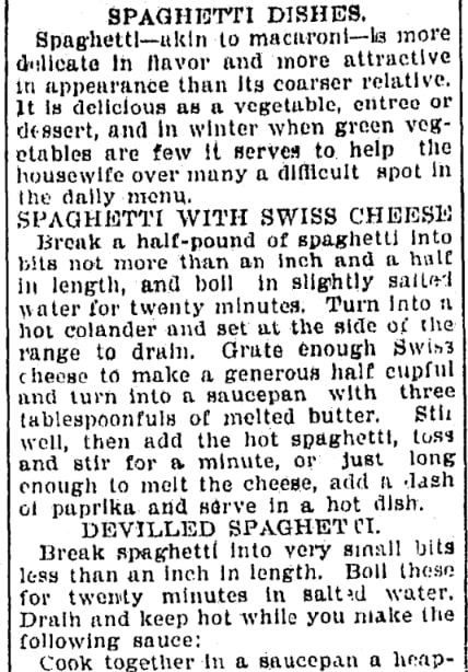 Spaghetti recipes, Illinois State Journal newspaper 5 February 1900