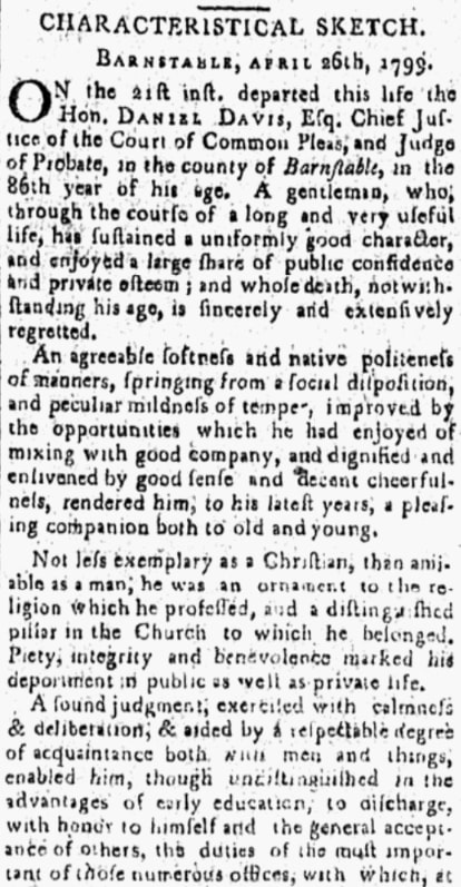 Ana article about Daniel Davis, Massachusetts Mercury newspaper 3 May 1799