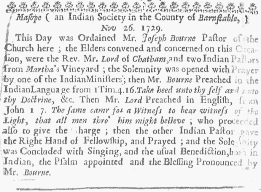 An article about Joseph Bourne, New England Weekly Journal newspaper 15 December 1729