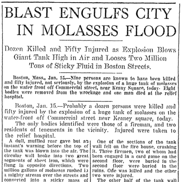 An article about the Boston Molasses Flood of 1919, Omaha World-Herald newspaper 16 January 1919