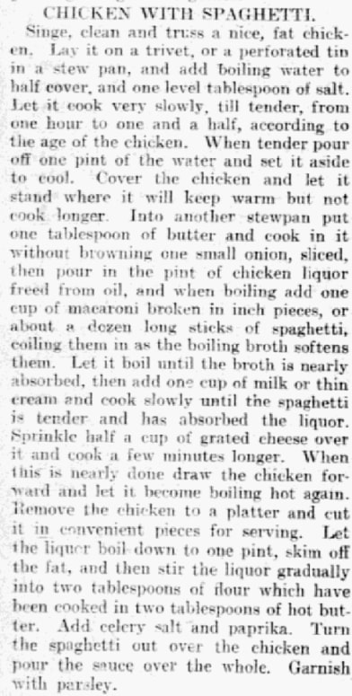 A recipe for spaghetti, Philadelphia Inquirer newspaper 20 January 1900