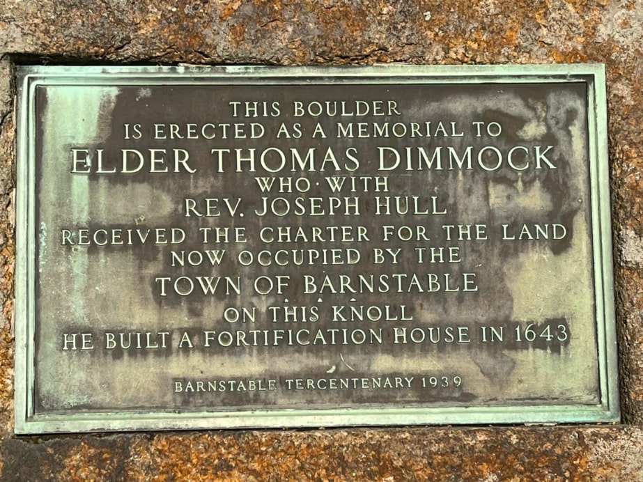 Photo: memorial marker for Elder Thomas Dimmock, Main Street (Route 6A), Barnstable, Massachusetts. Photo by Ralph Cahoon. Credit: Historical Marker Database.