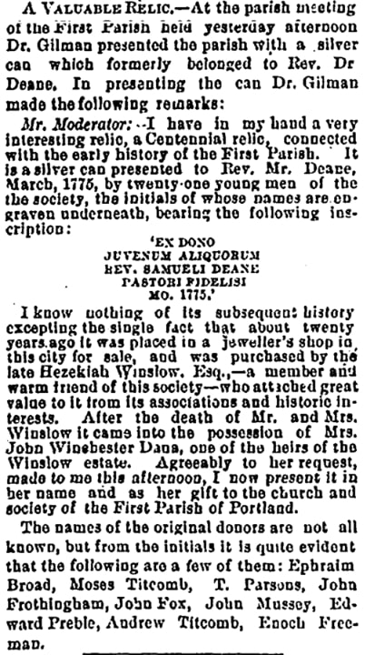 An article about Rev. Samuel Deane's tankard, Portland Daily Press newspaper 18 April 1876