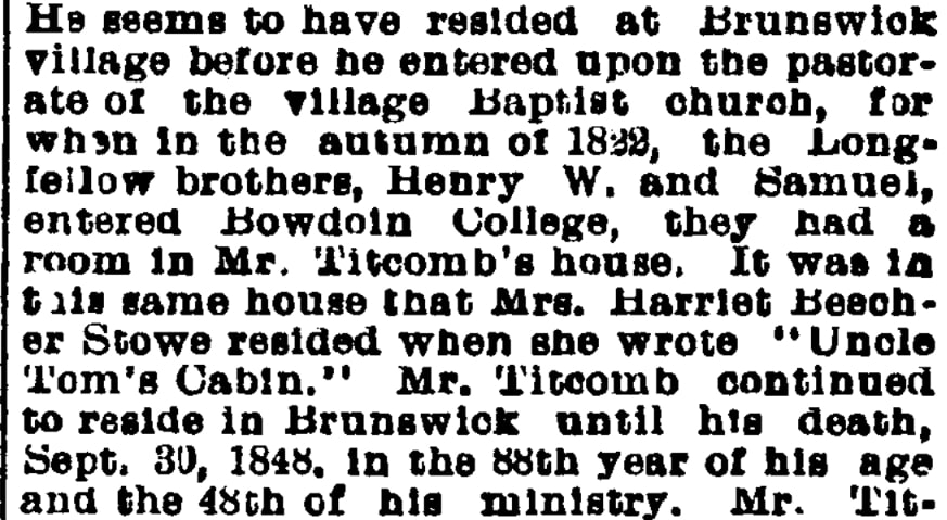 An article about Rev. Benjamin Titcomb, Portland Daily Press newspaper 11 October 1901