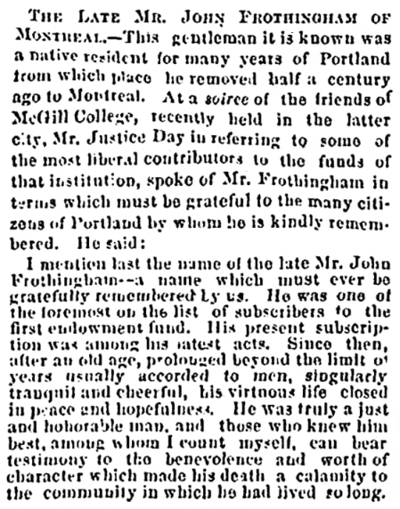 An article about John Frothingham, Portland Daily Press newspaper 28 December 1870