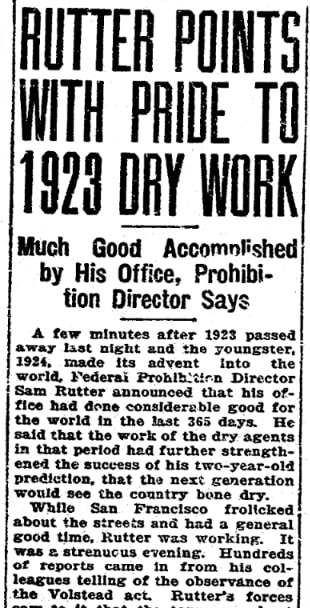 An article about Prohibition, San Francisco Chronicle newspaper 1 January 1924