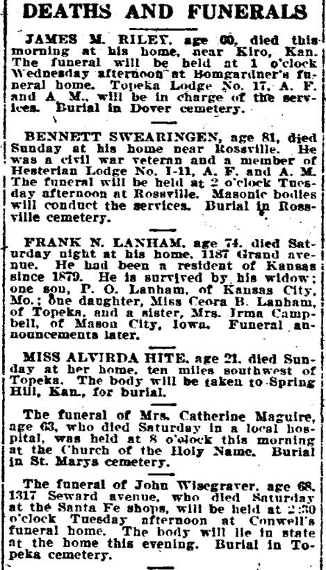 Death notices, Topeka State Journal newspaper 27 February 1922