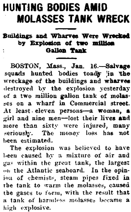 An article about the Boston Molasses Flood of 1919, Twin Falls Daily News newspaper 16 January 1919