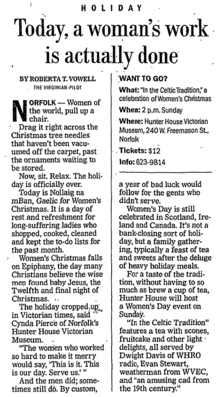 An article about Irish "Women's Christmas," Virginian-Pilot newspaper 6 January 2005