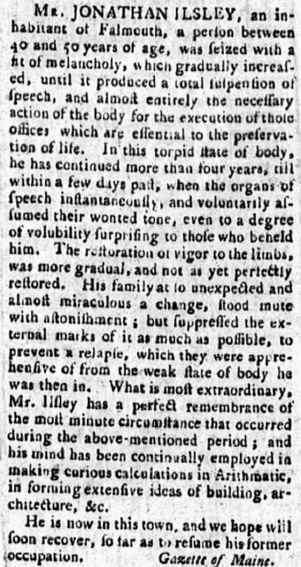 An article about Jonathan Ilsley, Argus newspaper 7 February 1792