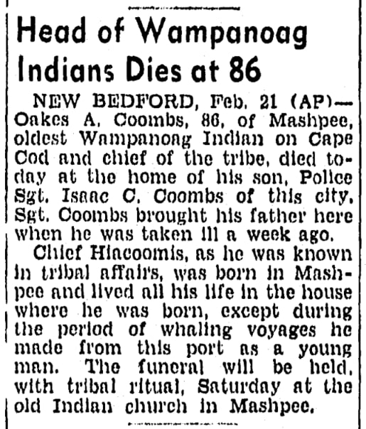An article about Oakes Coombs, Boston Herald newspaper 22 February 1940