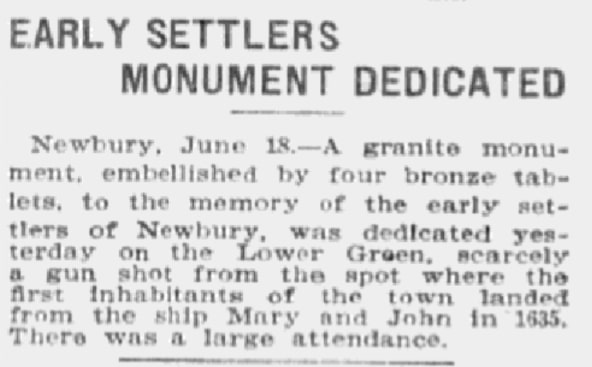 An article about the Newbury First Settlers Monument, Boston Journal newspaper 19 June 1905