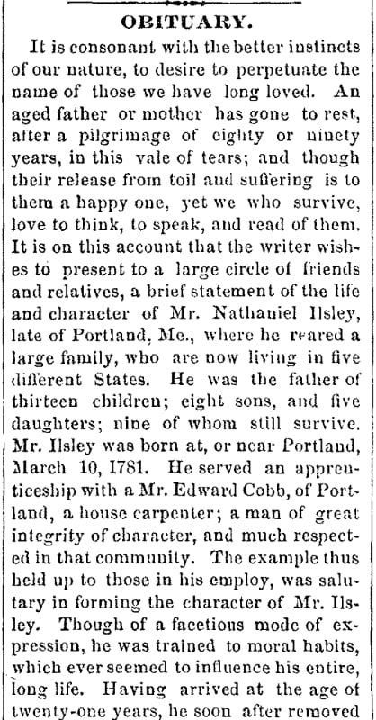 An article about Nathaniel Ilsley, Christian Mirror newspaper 24 January 1871