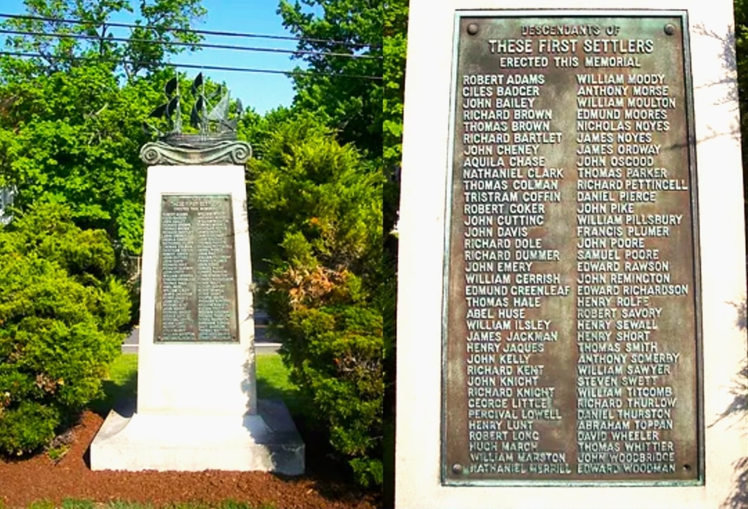 Photos: Monument of the First Settlers of Newbury (left) and close-up of the inscription on the plaque (right). Courtesy of The Sons & Daughters of the First Settlers of Newbury.
