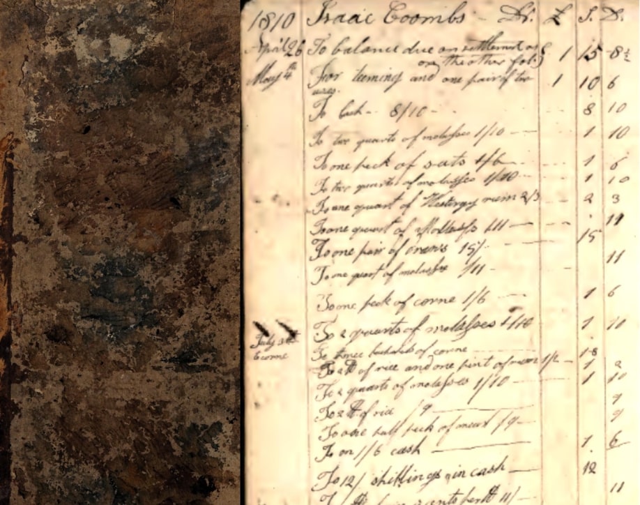 Photos: the cover of the Crocker account book and a page showing entries for Isaac Coombs, April-May 1810. Courtesy of the Cahoon Museum.