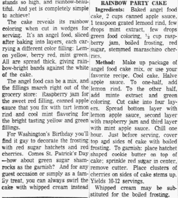 A recipe for a cake, Dallas Morning News newspaper 17 February 1956