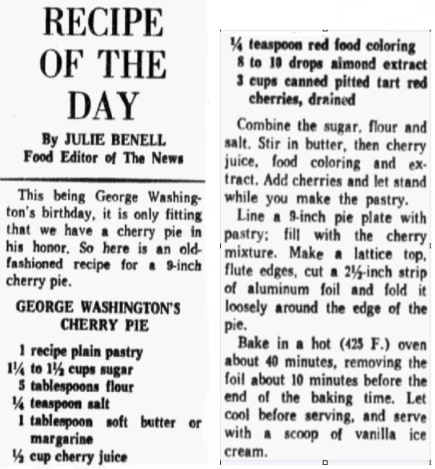 A recipe for a cherry pie, Dallas Morning News newspaper 22 February 1962