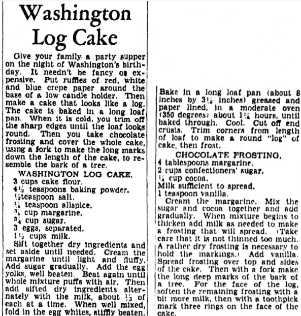 A recipe for a cake, Evening Star newspaper 20 February 1946