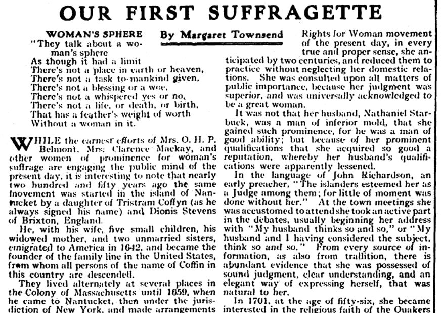 An article about Mary Coffin Starbuck, Evening Star newspaper 24 October 1909