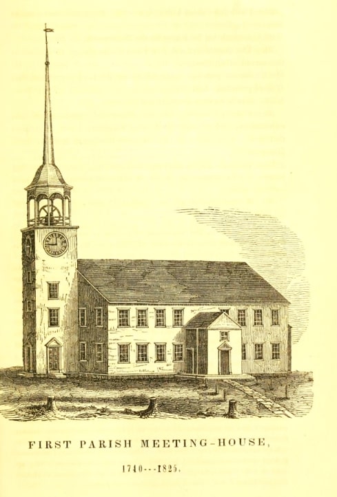 Illustration: First Church of Falmouth; image of the church from “Baptisms and Admission from the Records of First Church in Falmouth, Now Portland, Maine,” Marquis Fayette King, 1898. Credit: Maine Genealogical Society.