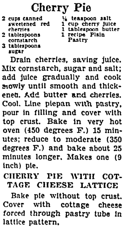 A recipe for a cherry pie, Milwaukee Sentinel newspaper 21 February 1941
