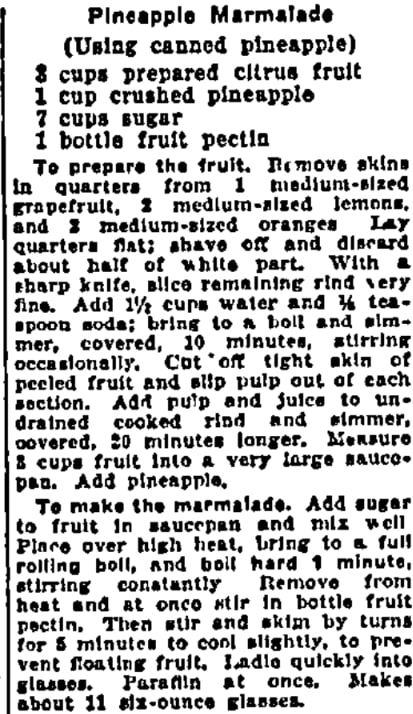 A recipe for pineapple marmalade, Plain Dealer newspaper 16 February 1951