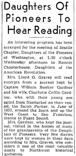 An article about Charlotte Coffin Gardner, Seattle Daily Times newspaper 30 October 1938