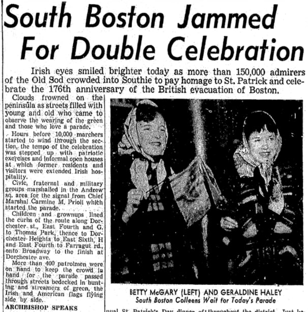 An article about Boston's March 17 parade, Boston American newspaper 17 March 1952