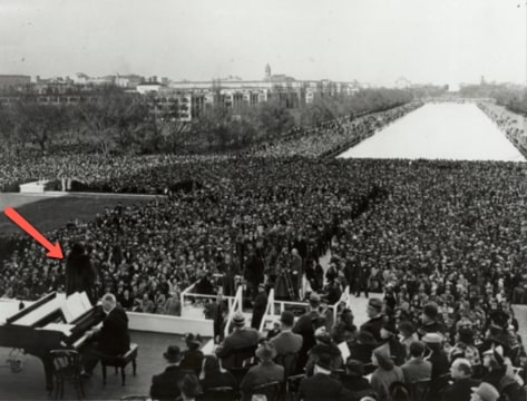 Photo: American contralto Marian Anderson performing on the steps of the Lincoln Memorial in front of 75,000 spectators on 9 April 1939, Easter Sunday. Finnish accompanist Kosti Vehanen is on the piano. Credit: U.S. Information Agency; Wikimedia Commons.
