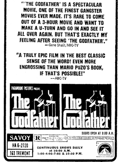 An article about "The Godfather" movie, Boston Record American newspaper 31 March 1972