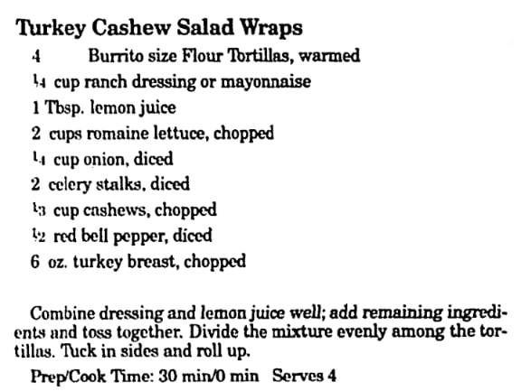 A recipe for turkey salad wraps, Bridgeton News newspaper 5 September 2001