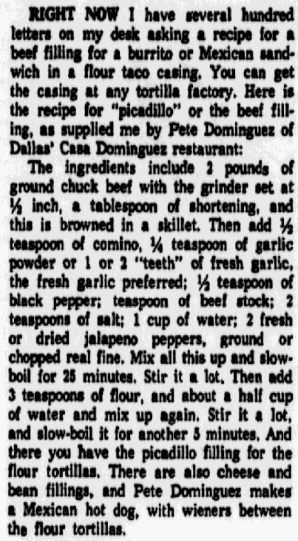 A recipe for burritos, Dallas Morning News newspaper 8 April 1968
