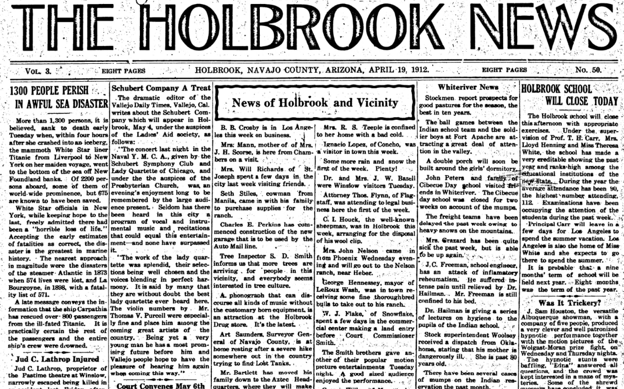 Front page, Holbrook News newspaper 19 April 1912
