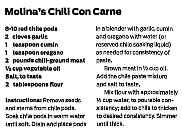 A recipe for chili con carne, Houston Chronicle newspaper 7 September 2016