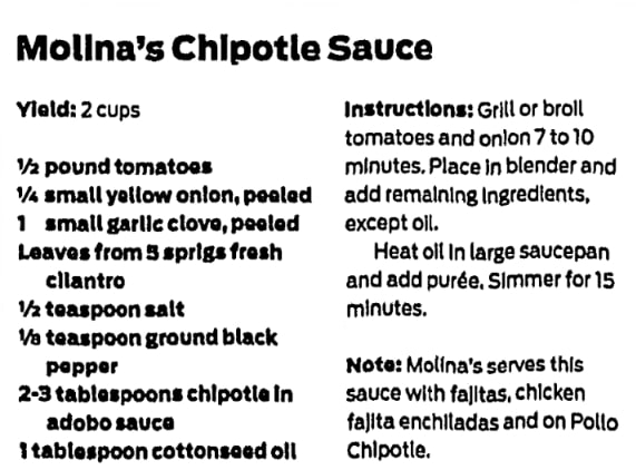 A recipe for chipolte sauce, Houston Chronicle newspaper 7 September 2016