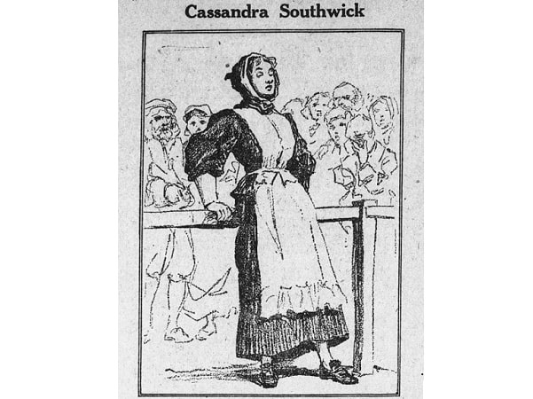 Illustration: "Cassandra Southwick in court before the magistrates," from the Boston Globe, 23 October 1923.
