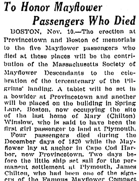 An article about memorials to Mayflower Pilgrims, Kalamazoo Gazette newspaper 10 November 1920