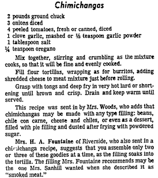 A recipe for burritos (chimichangas), Riverside Daily Press newspaper 20 July 1969