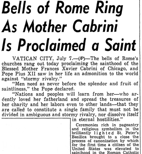An article about Mother Cabrini, Chicago Sun newspaper 8 July 1946