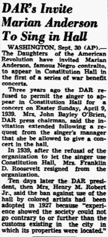 An article about Marian Anderson, Dallas Morning News newspaper 1 October 1942