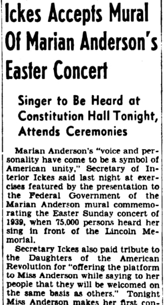 An article about Marian Anderson, Evening Star newspaper 7 January 1943