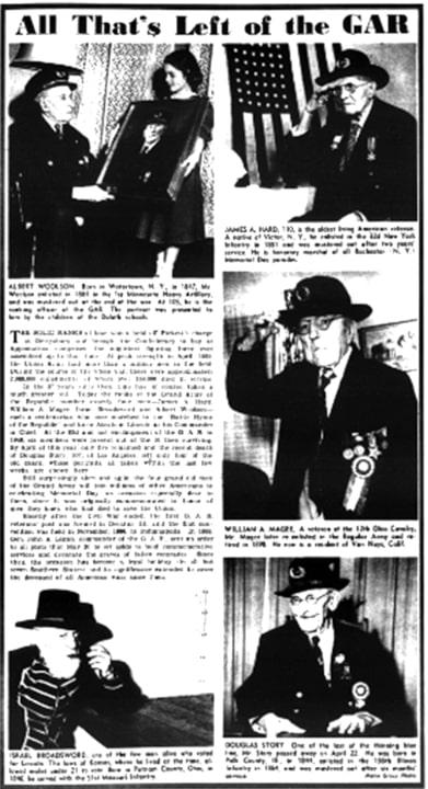 An article about the last remaining members of the Grand Army of the Republic, Evening Star newspaper 25 May 1952