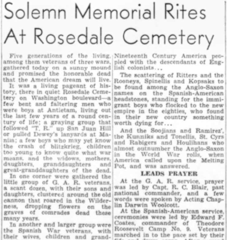 An article about Memorial Day services, Los Angeles Herald Examiner newspaper 30 May 1940