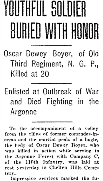 An article about veteran Oscar Boyer's burial, Philadelphia Inquirer newspaper 22 August 1921