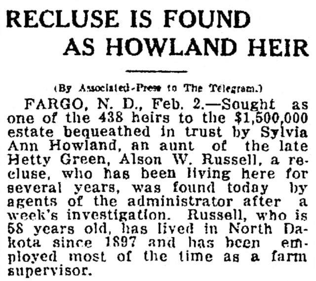 An article about a Howland heir, Salt Lake Telegram newspaper 2 February 191