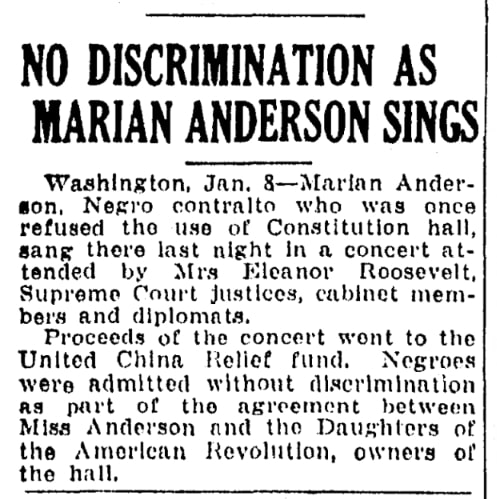 An article about Marian Anderson, Springfield Daily News newspaper 8 January 1943