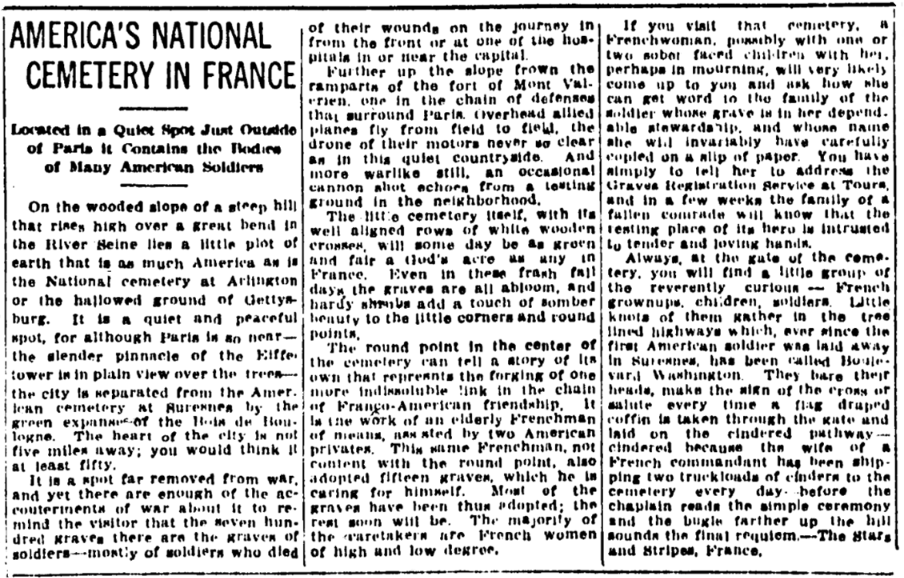 An article about Suresnes American Cemetery in France, Tulsa Daily World newspaper 1 December 1918